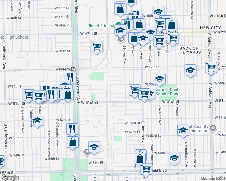 map of restaurants, bars, coffee shops, grocery stores, and more near 2127 West 50th Place in Chicago