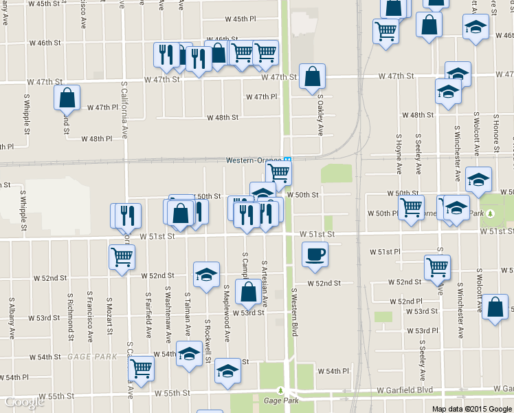 map of restaurants, bars, coffee shops, grocery stores, and more near 5031 South Artesian Avenue in Chicago
