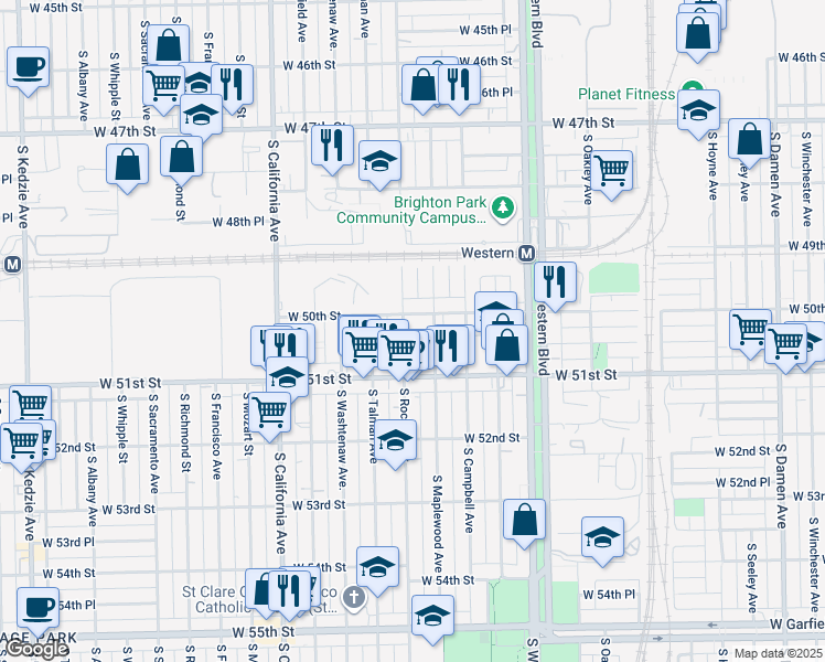 map of restaurants, bars, coffee shops, grocery stores, and more near 5028 South Maplewood Avenue in Chicago