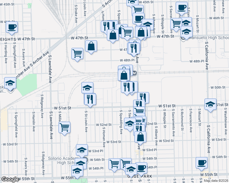 map of restaurants, bars, coffee shops, grocery stores, and more near 5020 South Spaulding Avenue in Chicago