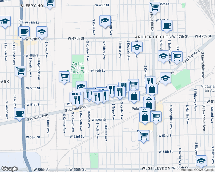 map of restaurants, bars, coffee shops, grocery stores, and more near 5007 South Kildare Avenue in Chicago