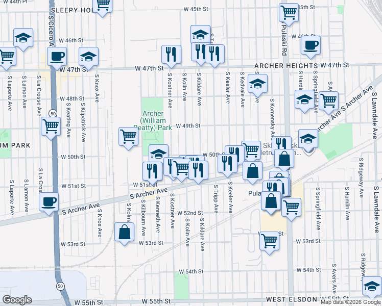 map of restaurants, bars, coffee shops, grocery stores, and more near 5008 South Kolin Avenue in Chicago