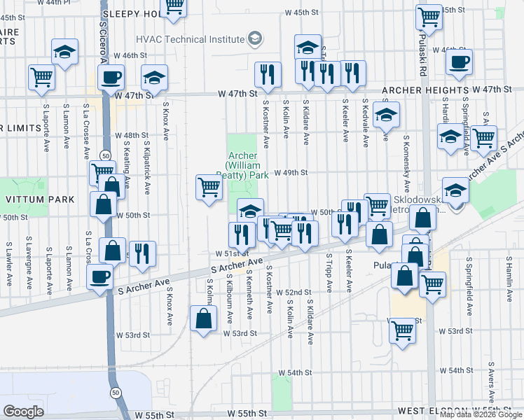 map of restaurants, bars, coffee shops, grocery stores, and more near 5029 South Kenneth Avenue in Chicago