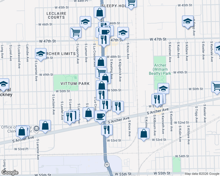 map of restaurants, bars, coffee shops, grocery stores, and more near 5017 South Cicero Avenue in Chicago
