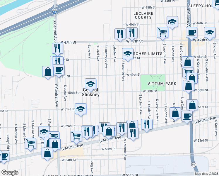 map of restaurants, bars, coffee shops, grocery stores, and more near 4958 Latrobe Avenue in Chicago