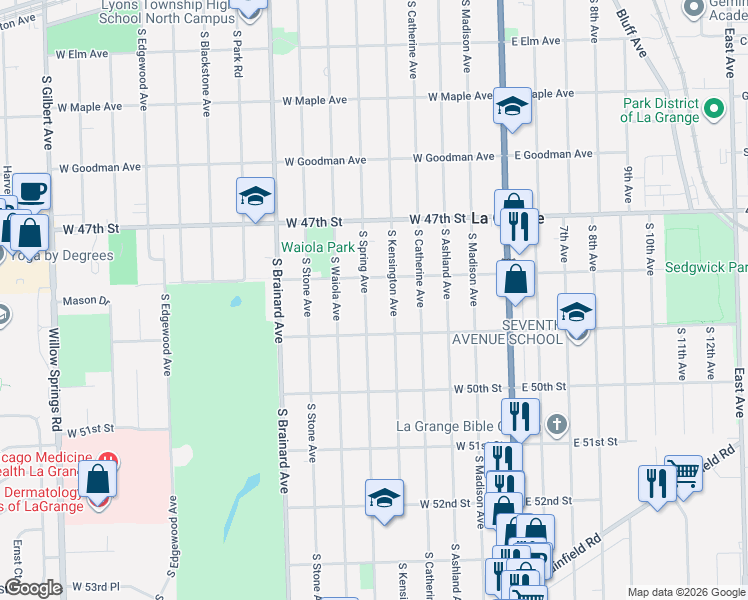 map of restaurants, bars, coffee shops, grocery stores, and more near 626 South Kensington Avenue in La Grange