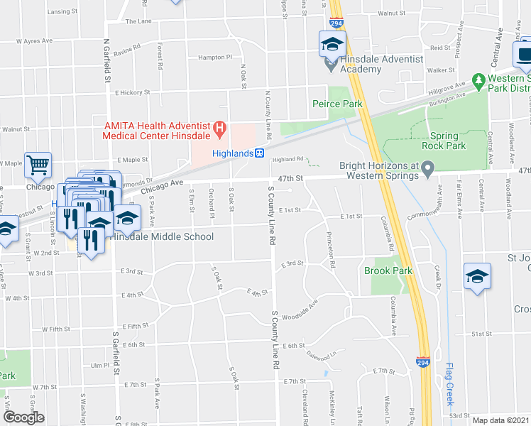 map of restaurants, bars, coffee shops, grocery stores, and more near 46 South County Line Road in Hinsdale
