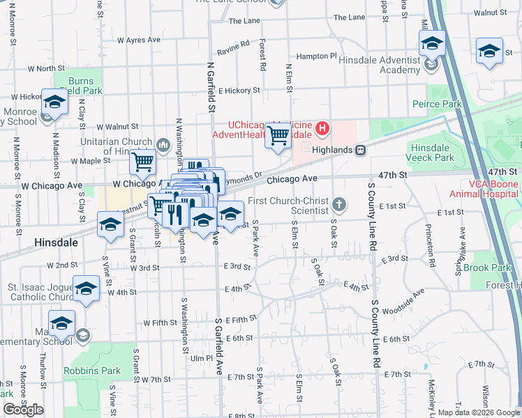 map of restaurants, bars, coffee shops, grocery stores, and more near 215 East 1st Street in Hinsdale