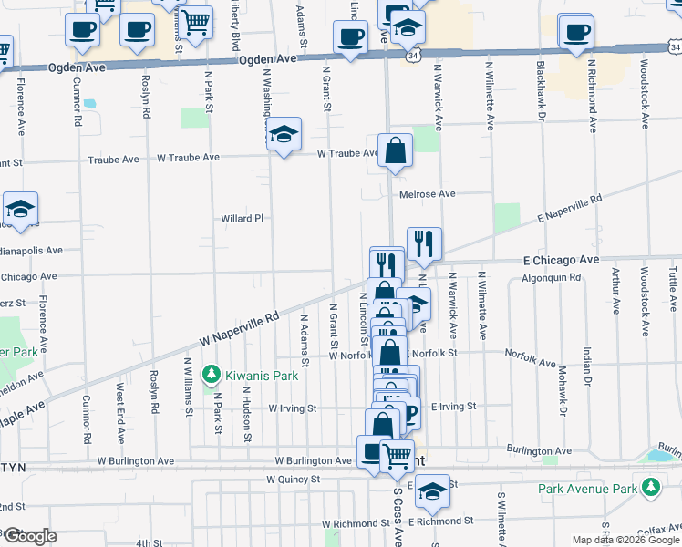 map of restaurants, bars, coffee shops, grocery stores, and more near 42 West Naperville Road in Westmont