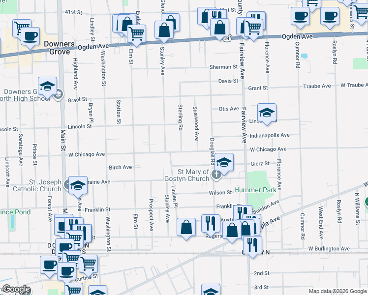 map of restaurants, bars, coffee shops, grocery stores, and more near 615 Chicago Avenue in Downers Grove