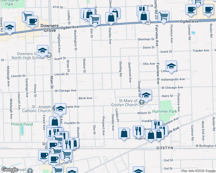 map of restaurants, bars, coffee shops, grocery stores, and more near 645 Chicago Avenue in Downers Grove