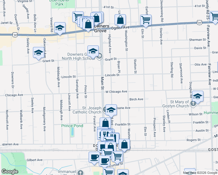 map of restaurants, bars, coffee shops, grocery stores, and more near 934 Chicago Avenue in Downers Grove