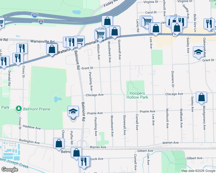 map of restaurants, bars, coffee shops, grocery stores, and more near 4626 Woodward Avenue in Downers Grove