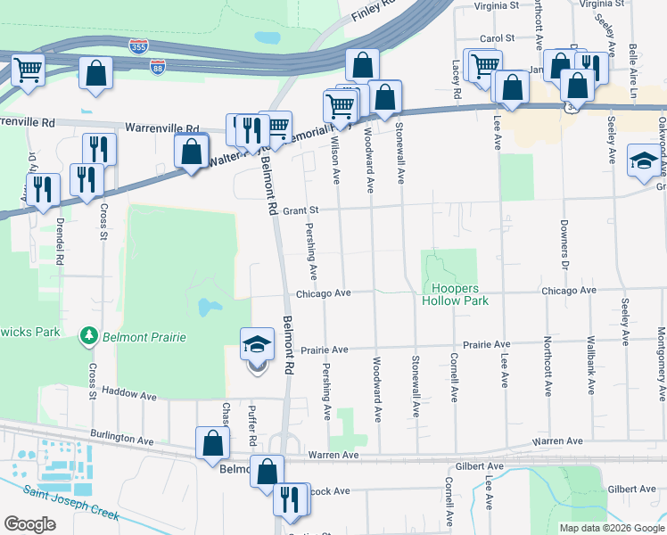map of restaurants, bars, coffee shops, grocery stores, and more near 4628 Wilson Avenue in Downers Grove