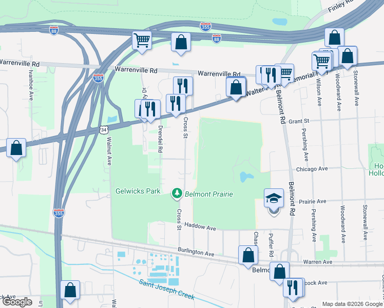 map of restaurants, bars, coffee shops, grocery stores, and more near 4605 Cross Street in Downers Grove