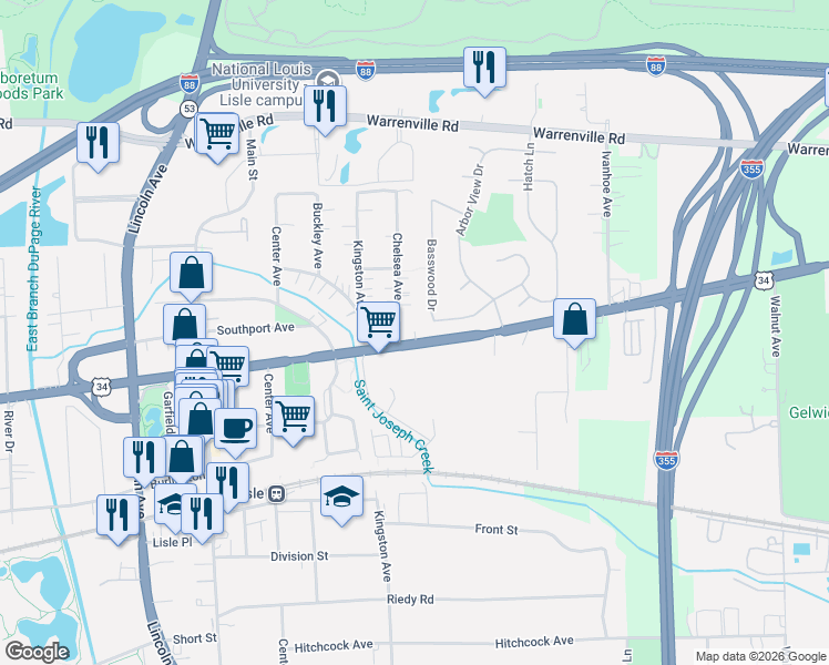 map of restaurants, bars, coffee shops, grocery stores, and more near in Lisle