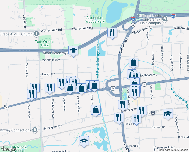 map of restaurants, bars, coffee shops, grocery stores, and more near 4607 River Drive in Lisle