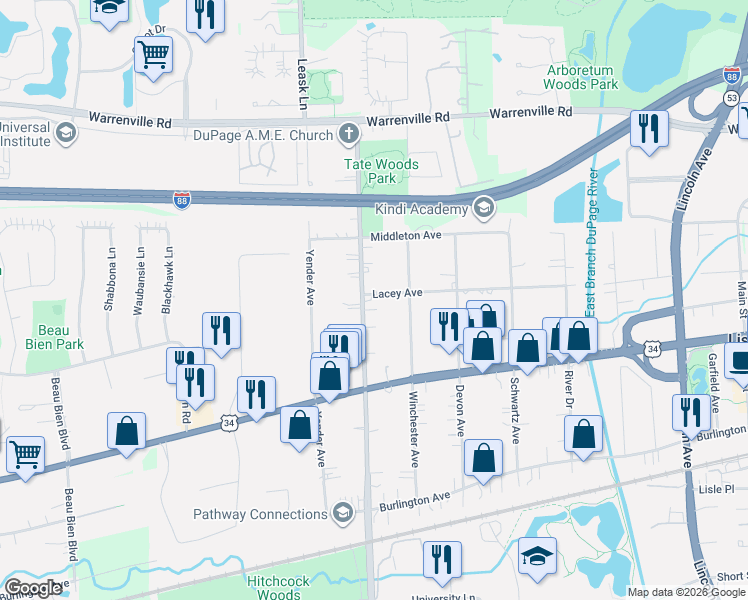 map of restaurants, bars, coffee shops, grocery stores, and more near 4605 Yackley Avenue in Lisle