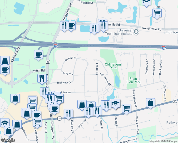 map of restaurants, bars, coffee shops, grocery stores, and more near 25W070 Lacey Avenue in Naperville