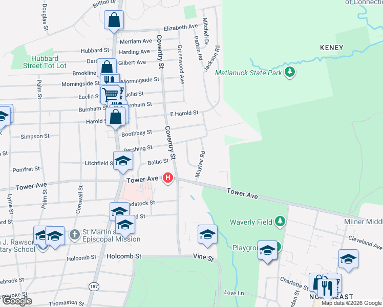 map of restaurants, bars, coffee shops, grocery stores, and more near 15 Mayfair Road in Bloomfield