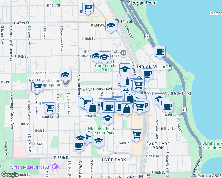 map of restaurants, bars, coffee shops, grocery stores, and more near 1381 East Hyde Park Boulevard in Chicago