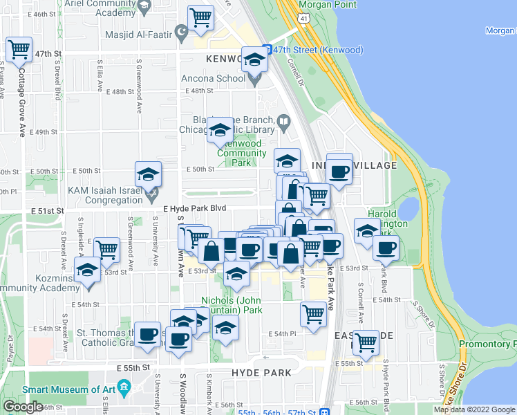 map of restaurants, bars, coffee shops, grocery stores, and more near S Dorchester Ave & E Hyde Park Blvd in Chicago