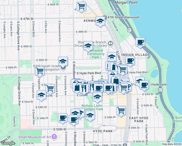 map of restaurants, bars, coffee shops, grocery stores, and more near East Hyde Park Boulevard in Chicago