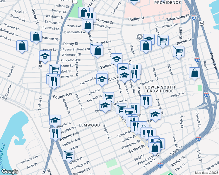 map of restaurants, bars, coffee shops, grocery stores, and more near 49 Lillian Avenue in Providence