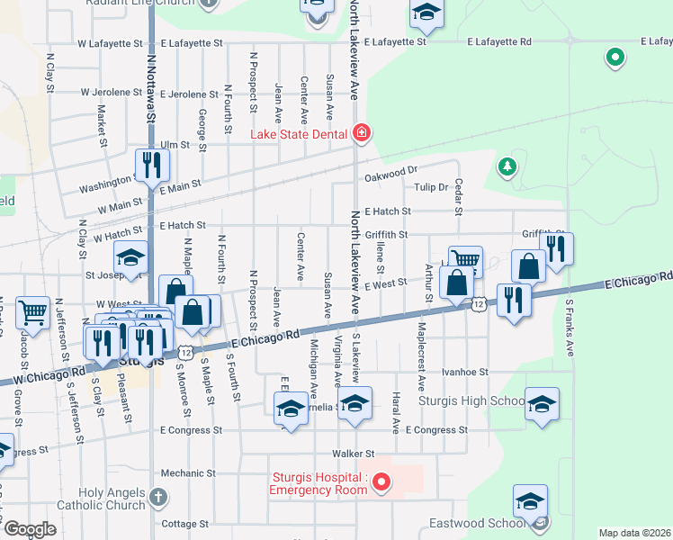 map of restaurants, bars, coffee shops, grocery stores, and more near 800 East West Street in Sturgis