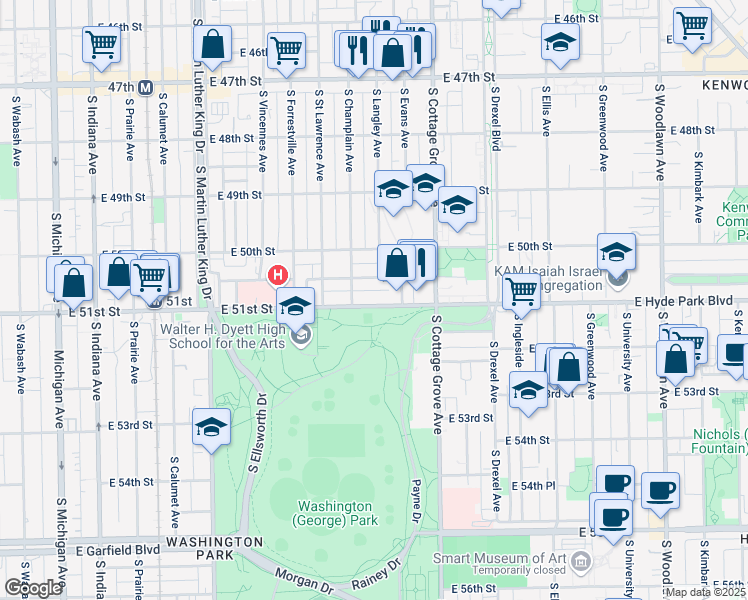 map of restaurants, bars, coffee shops, grocery stores, and more near 656 East 51st Street in Chicago