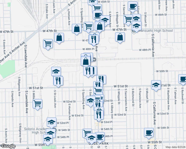 map of restaurants, bars, coffee shops, grocery stores, and more near 5030 South Kedzie Avenue in Chicago