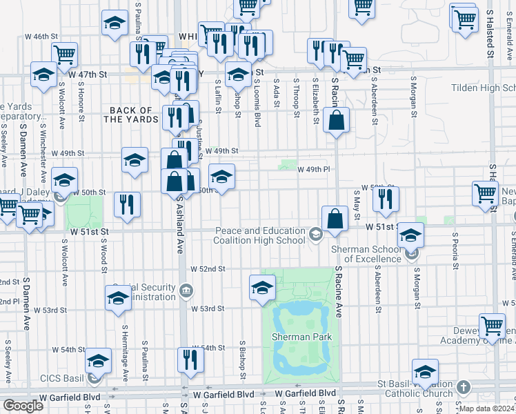 map of restaurants, bars, coffee shops, grocery stores, and more near 5036 South Loomis Boulevard in Chicago