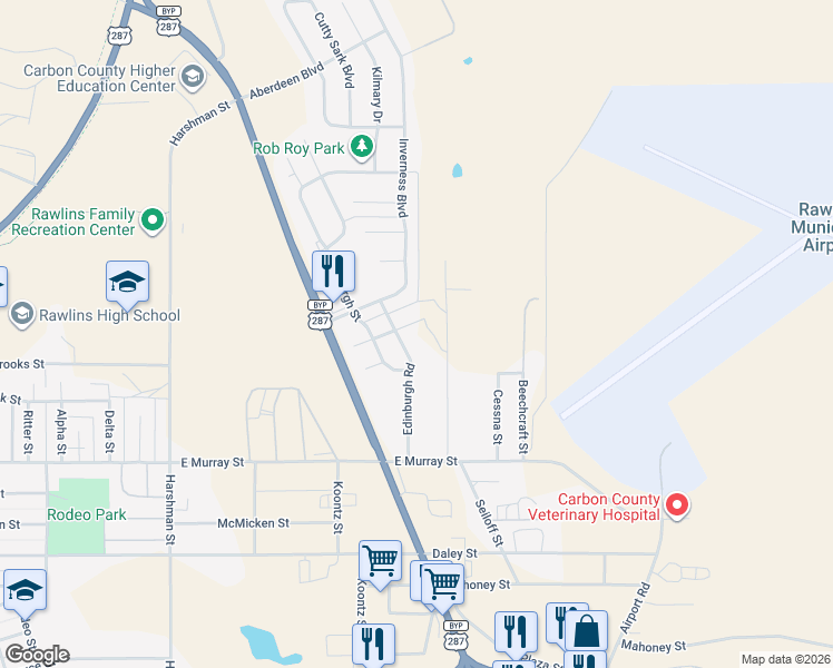 map of restaurants, bars, coffee shops, grocery stores, and more near Edinburgh Rd in Rawlins