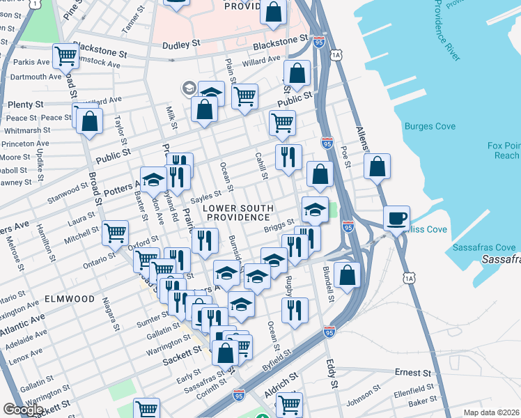 map of restaurants, bars, coffee shops, grocery stores, and more near 67 Ashmont Street in Providence