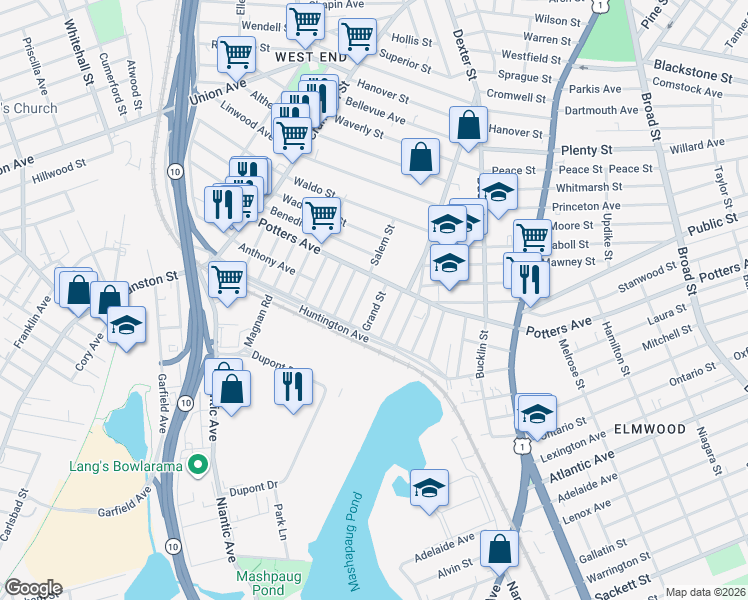 map of restaurants, bars, coffee shops, grocery stores, and more near 44 Seabury Street in Providence