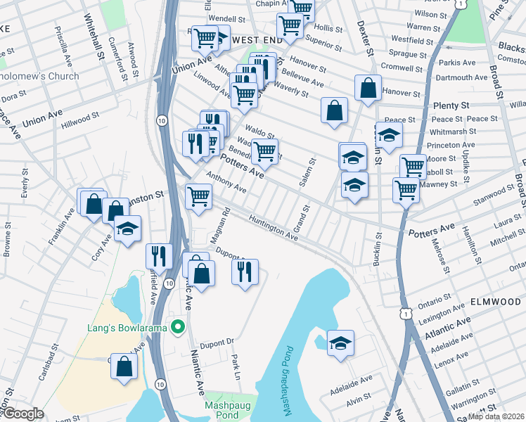 map of restaurants, bars, coffee shops, grocery stores, and more near 610 Huntington Avenue in Providence