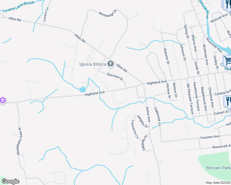 map of restaurants, bars, coffee shops, grocery stores, and more near 29 Ford Lane in Torrington