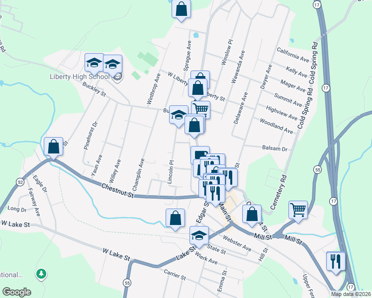 map of restaurants, bars, coffee shops, grocery stores, and more near 88 Academy Street in Liberty
