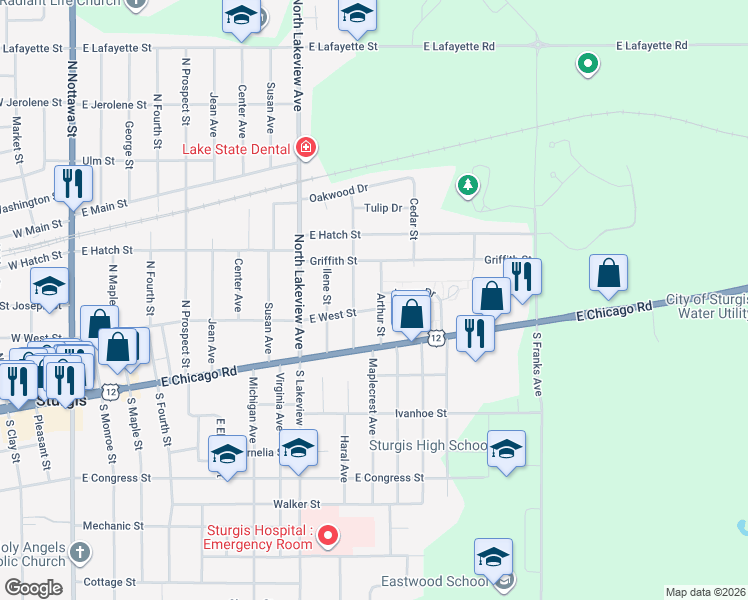 map of restaurants, bars, coffee shops, grocery stores, and more near 118 Arthur Street in Sturgis