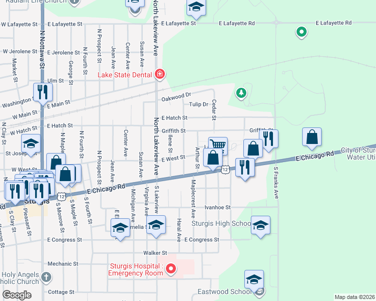 map of restaurants, bars, coffee shops, grocery stores, and more near 118 Arthur Street in Sturgis