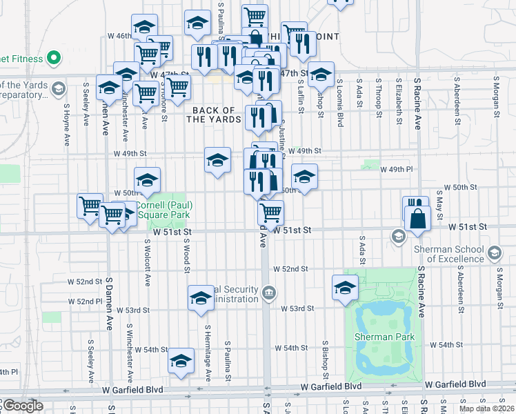 map of restaurants, bars, coffee shops, grocery stores, and more near 5037 South Ashland Avenue in Chicago