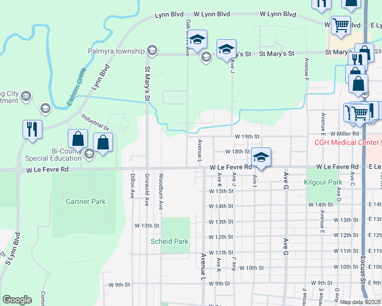 map of restaurants, bars, coffee shops, grocery stores, and more near 1706 Oak Grove Avenue in Sterling