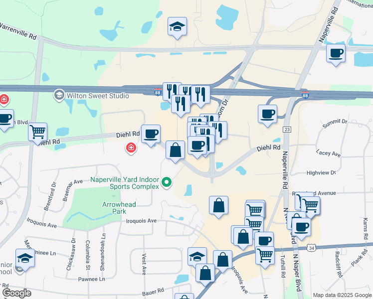 map of restaurants, bars, coffee shops, grocery stores, and more near 1155 East Diehl Road in Naperville