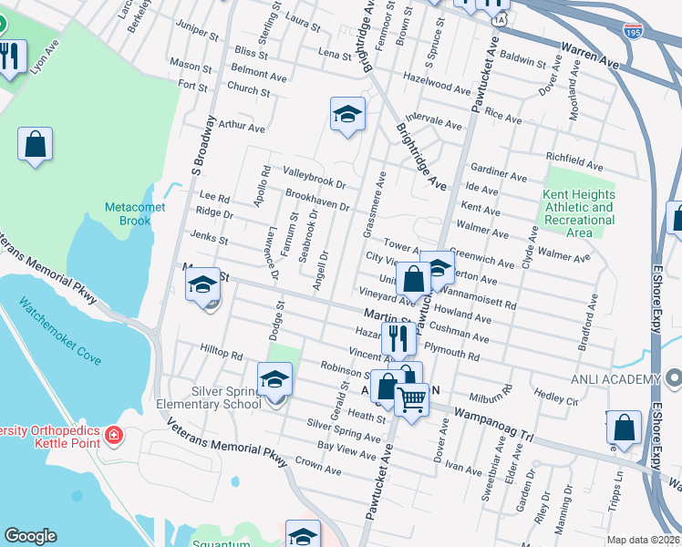 map of restaurants, bars, coffee shops, grocery stores, and more near 210 Grassmere Avenue in East Providence