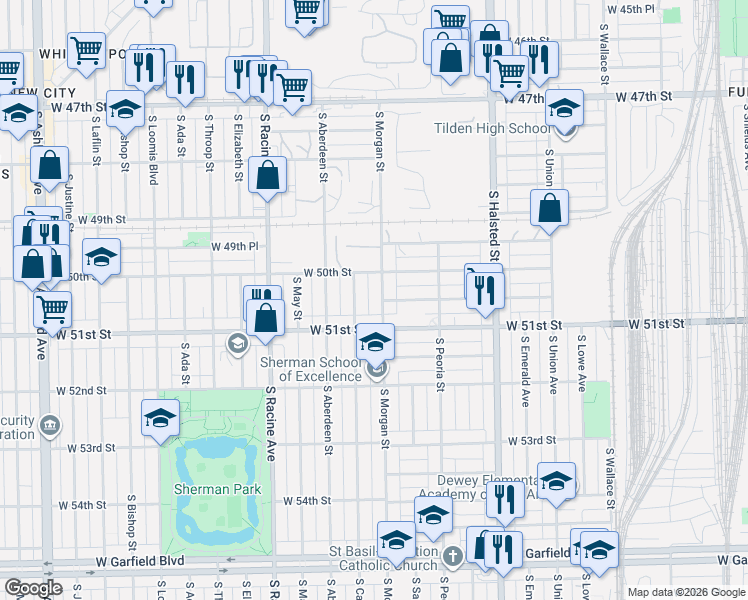 map of restaurants, bars, coffee shops, grocery stores, and more near 5043 South Carpenter Street in Chicago