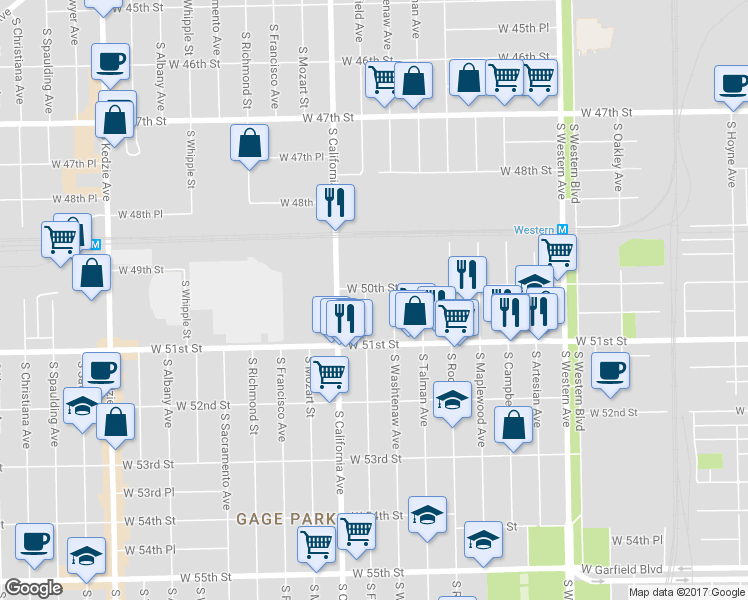 map of restaurants, bars, coffee shops, grocery stores, and more near 5011 South Fairfield Avenue in Chicago