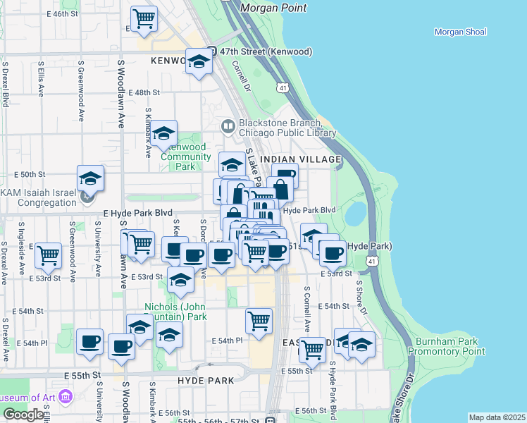 map of restaurants, bars, coffee shops, grocery stores, and more near 1525 East Hyde Park Boulevard in Chicago