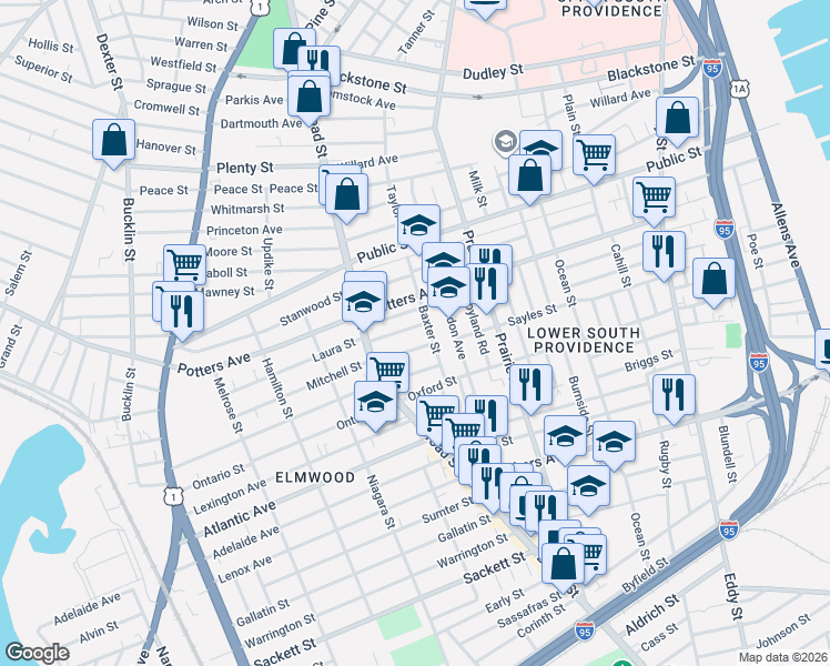 map of restaurants, bars, coffee shops, grocery stores, and more near 10 Lillian Avenue in Providence