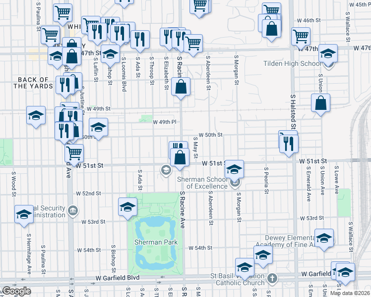 map of restaurants, bars, coffee shops, grocery stores, and more near 5044 South May Street in Chicago