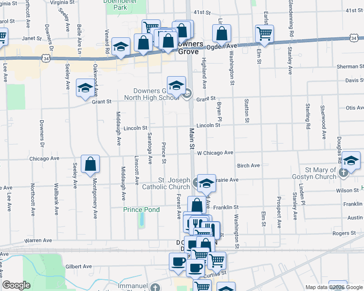 map of restaurants, bars, coffee shops, grocery stores, and more near in Downers Grove